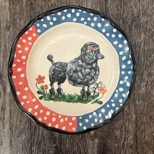 Anthropologie Plate Nathalie Lete Dog Black Poodle Bow Flowers Blue Cute 10"